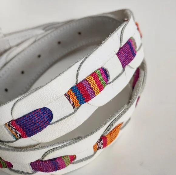 Vintage Belt Leather Tooled Textile Woven Colorful Boho Sz 36 Made in Guatemala - Picture 3 of 6